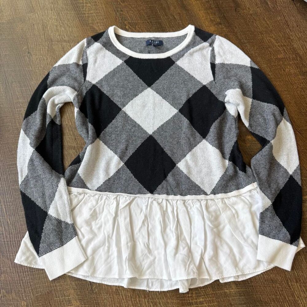 Kaari Blue black and white argyle peplum sweater ruffle hem